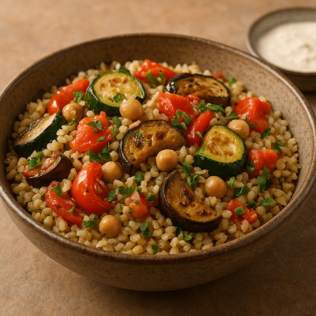 Bowl z kaszą bulgur i warzywami – kuchnia bliskowschodnia