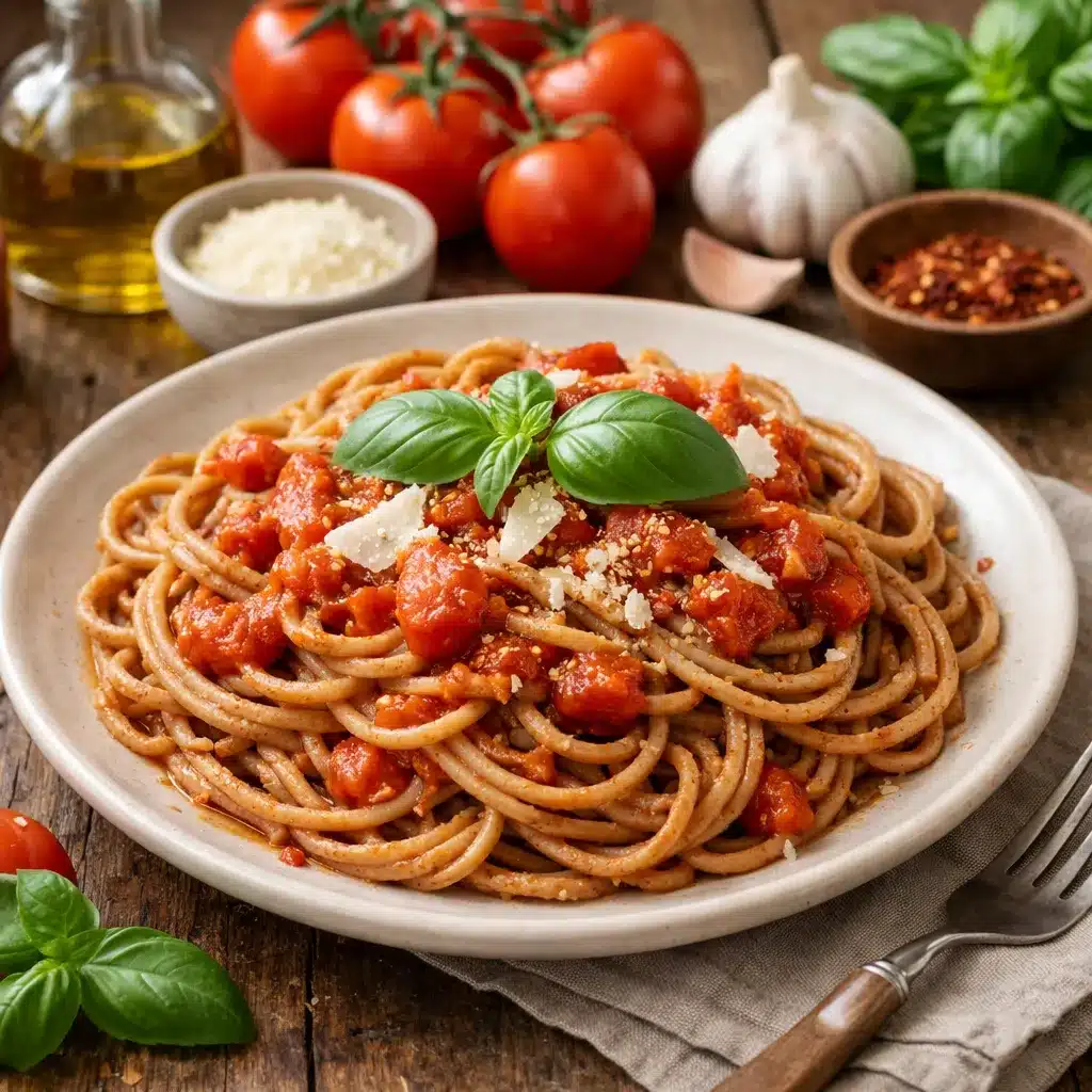 Makaron pełnoziarnisty z sosem pomidorowym – kuchnia włoska