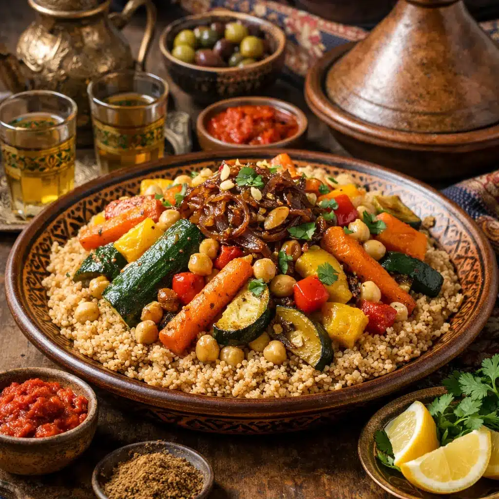 Kuskus pełnoziarnisty z warzywami – kuchnia marokańska