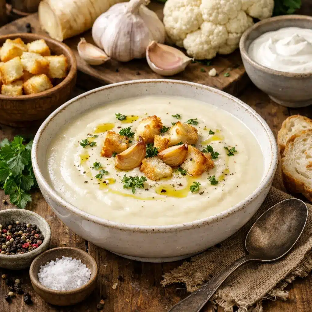 Zupa krem z białych warzyw i czosnku – kuchnia europejska