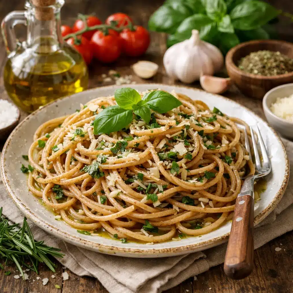 Makaron pełnoziarnisty z oliwą i ziołami – kuchnia włoska