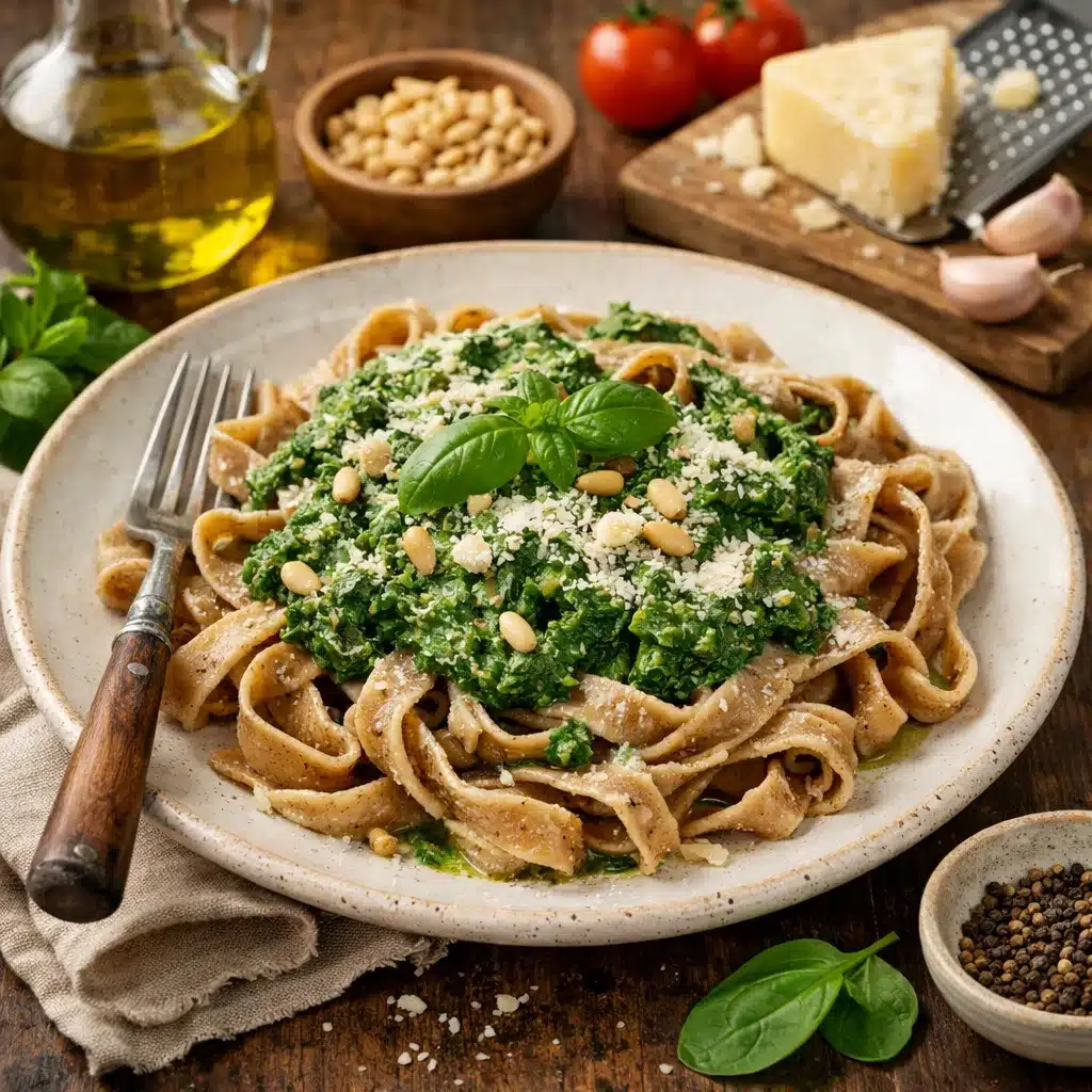 Makaron pełnoziarnisty z sosem szpinakowym – kuchnia włoska