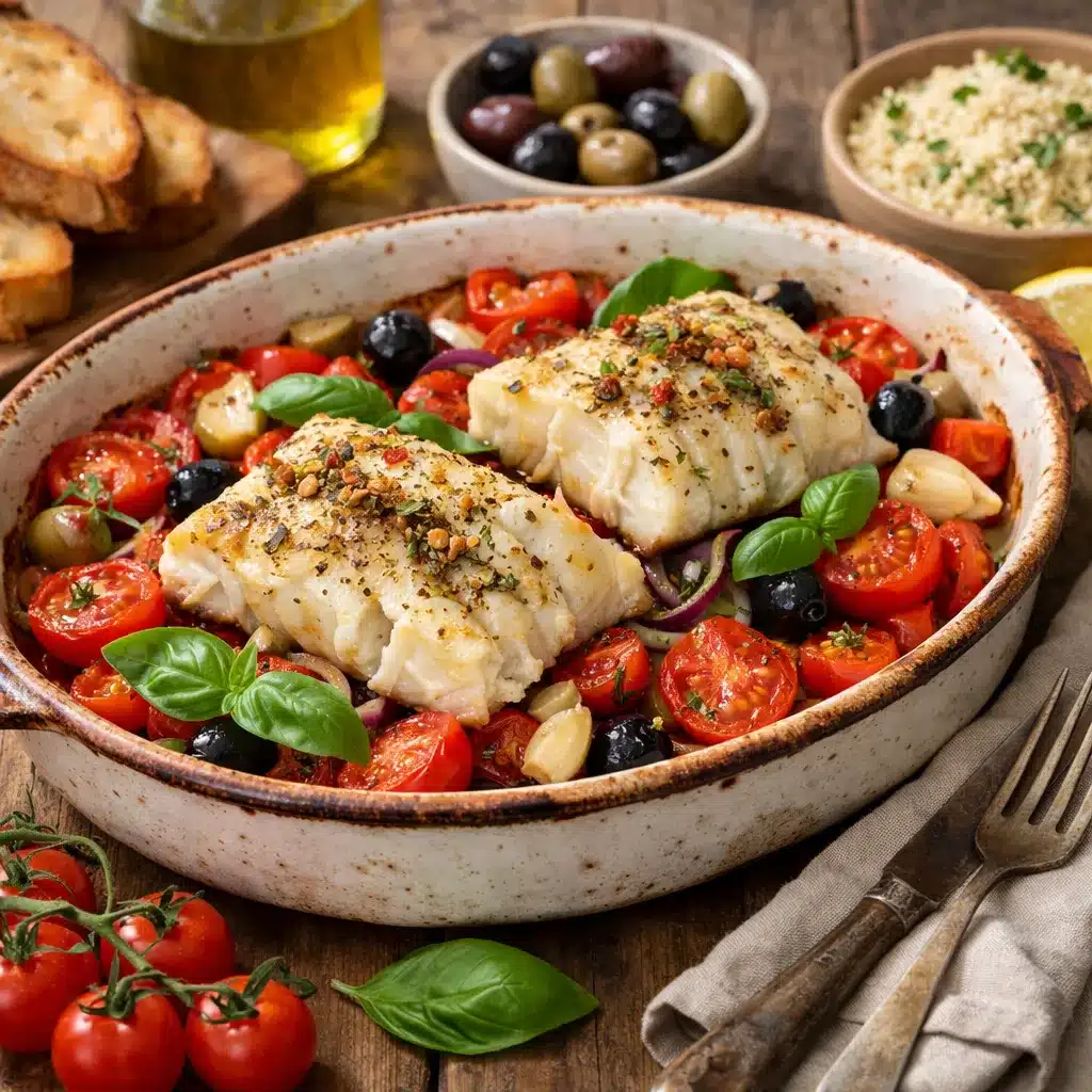 Pieczony dorsz z pomidorami – kuchnia śródziemnomorska