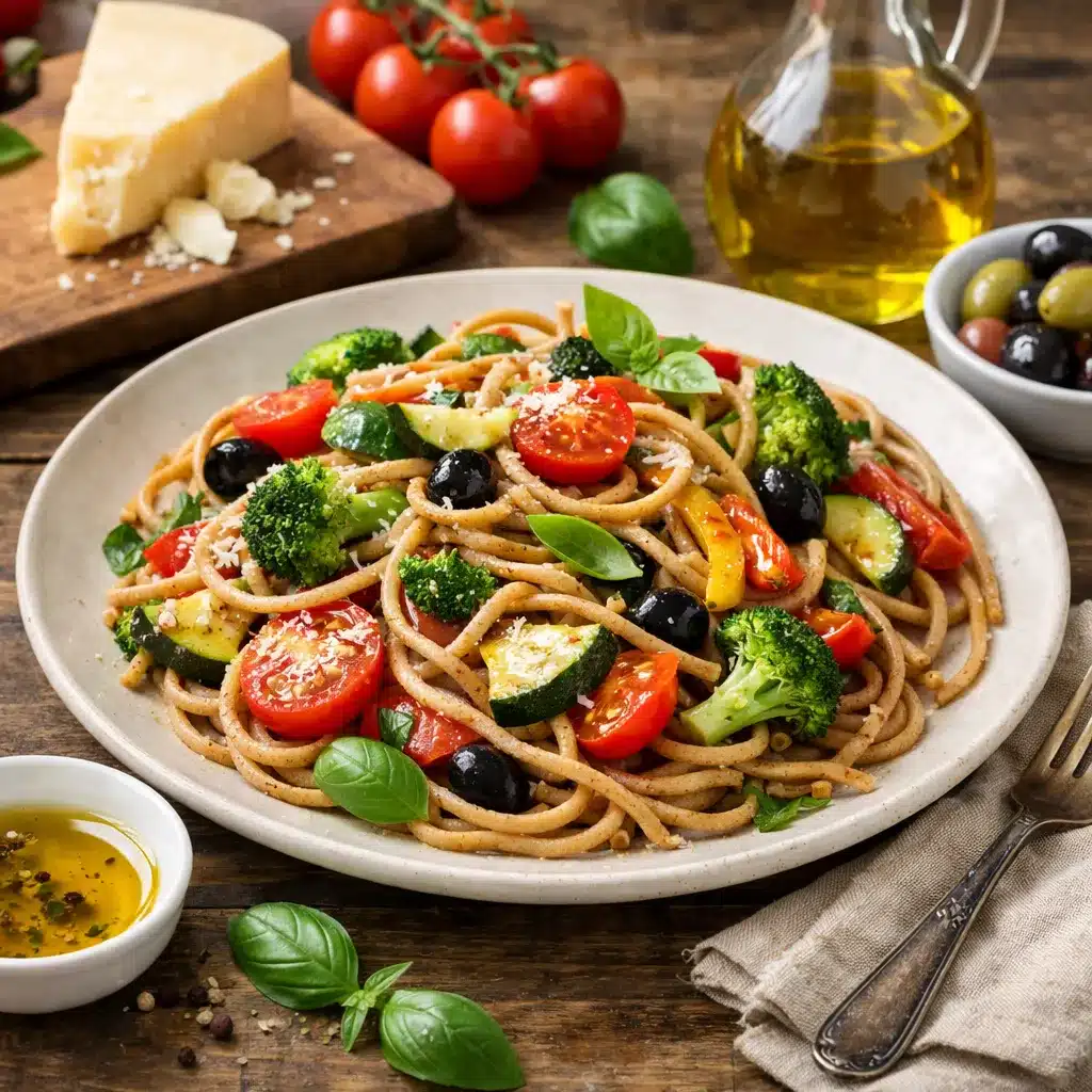 Makaron pełnoziarnisty z warzywami i oliwą – kuchnia włoska