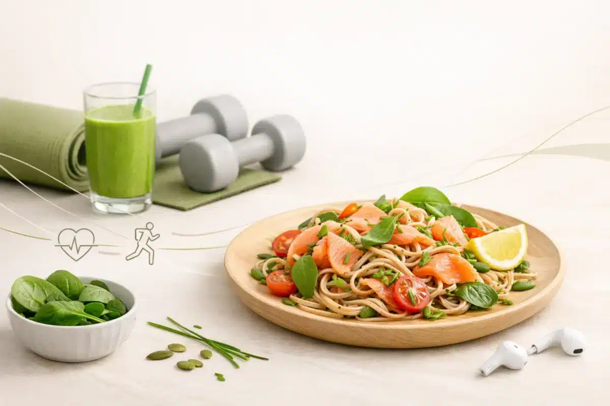 Makaron z łososiem wędzonym fit