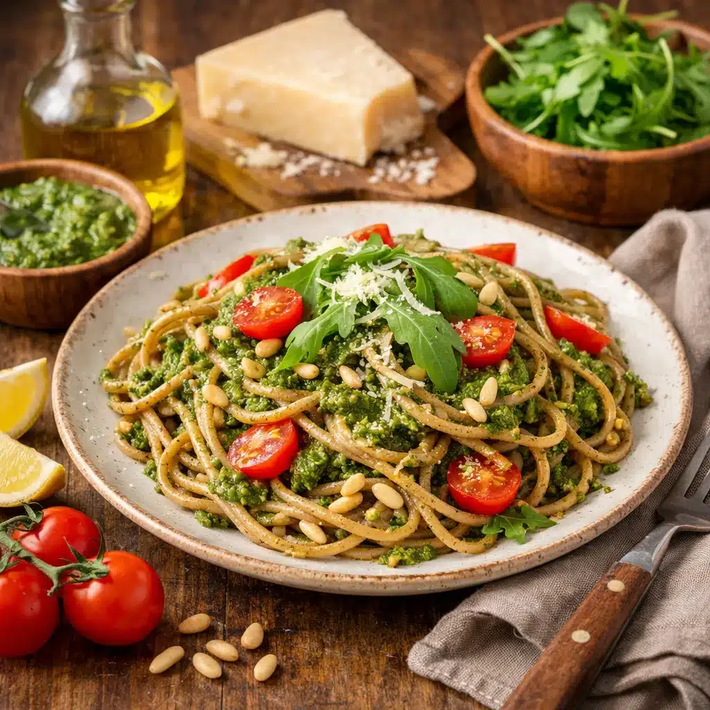 Makaron pełnoziarnisty z pesto rukolowym – kuchnia włoska