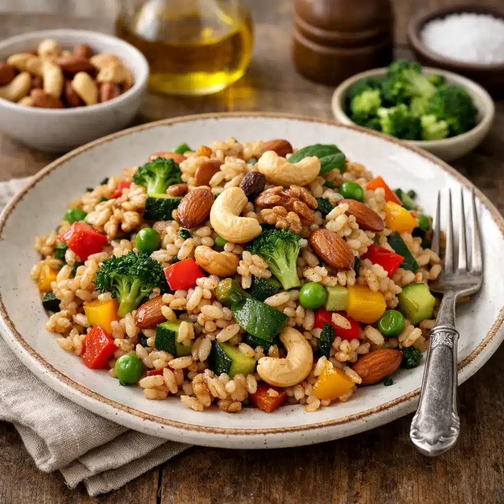 Ryż brązowy z warzywami i orzechami – kuchnia europejska