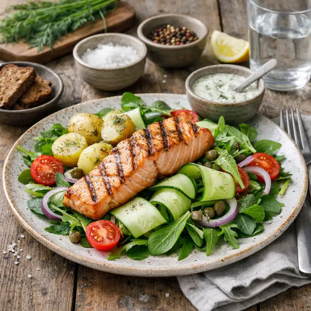 Sałatka z grillowanym łososiem i ogórkiem – kuchnia skandynawska