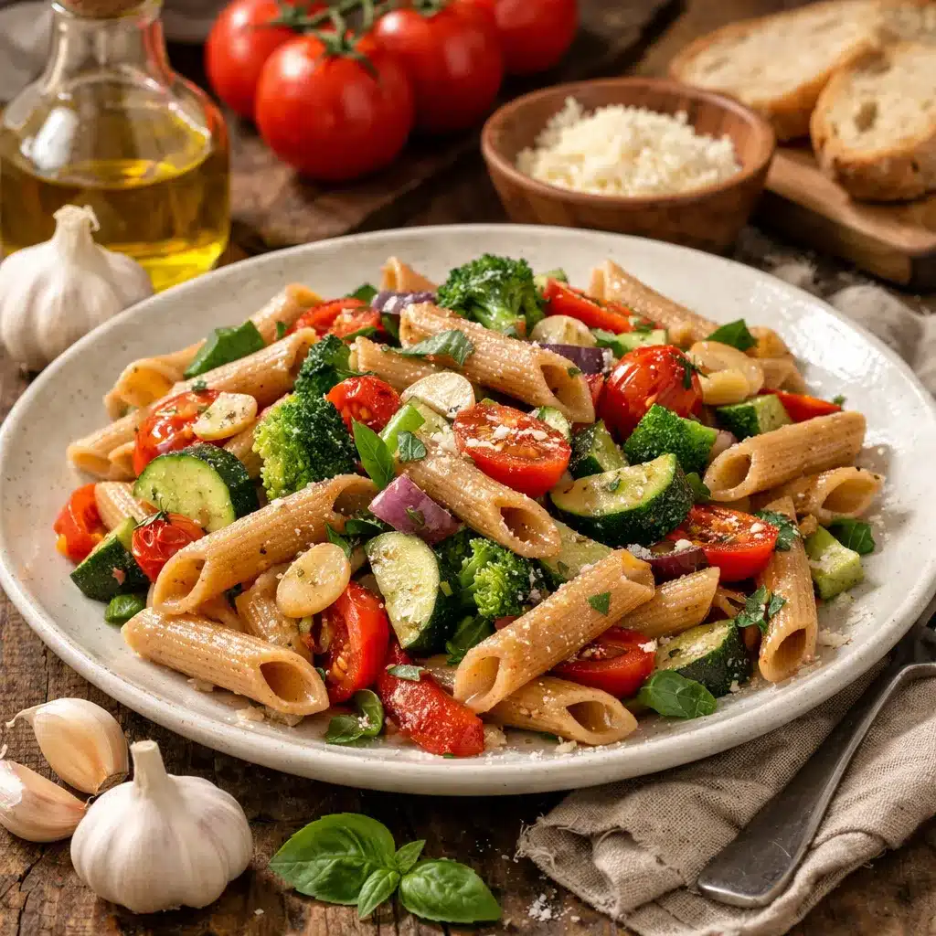 Makaron pełnoziarnisty z warzywami i czosnkiem – kuchnia włoska
