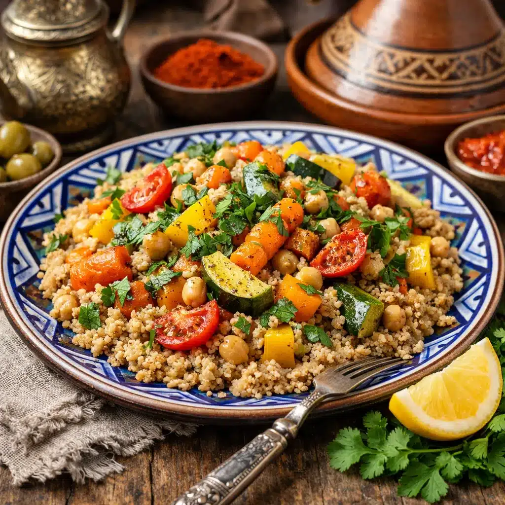 Kuskus pełnoziarnisty z warzywami i natką – kuchnia marokańska