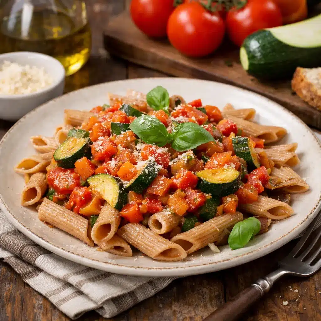 Makaron pełnoziarnisty z sosem pomidorowo-warzywnym – kuchnia włoska