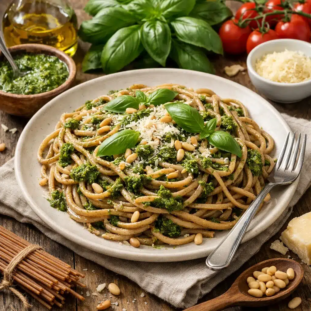 Makaron pełnoziarnisty z pesto bazyliowym – kuchnia włoska