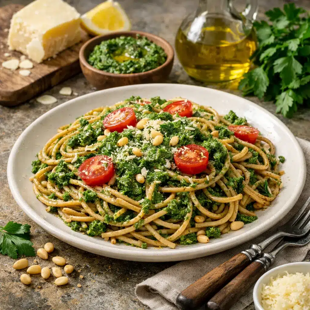 Makaron pełnoziarnisty z pesto pietruszkowym – kuchnia włoska