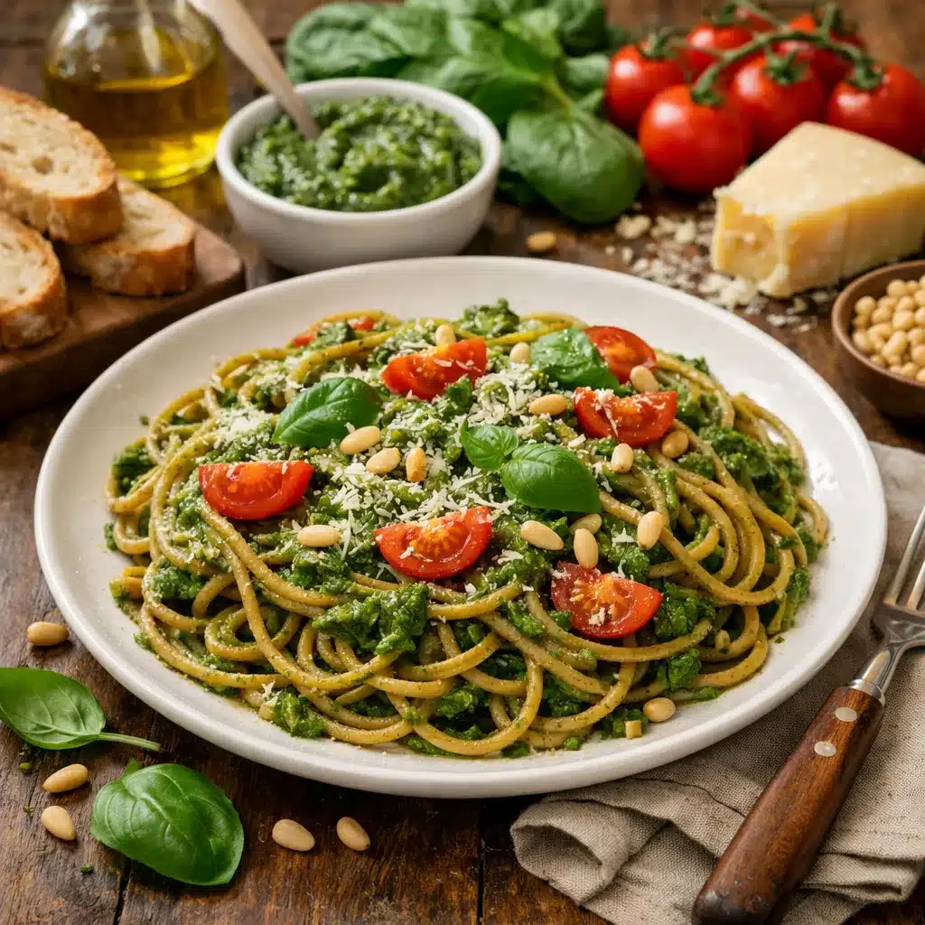 Makaron pełnoziarnisty z pesto szpinakowym – kuchnia włoska