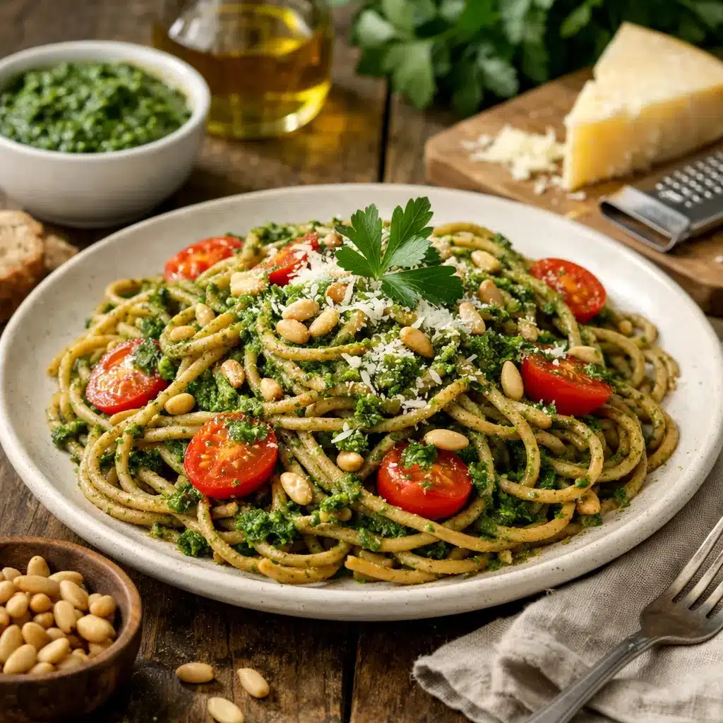Makaron pełnoziarnisty z pesto z natki – kuchnia włoska