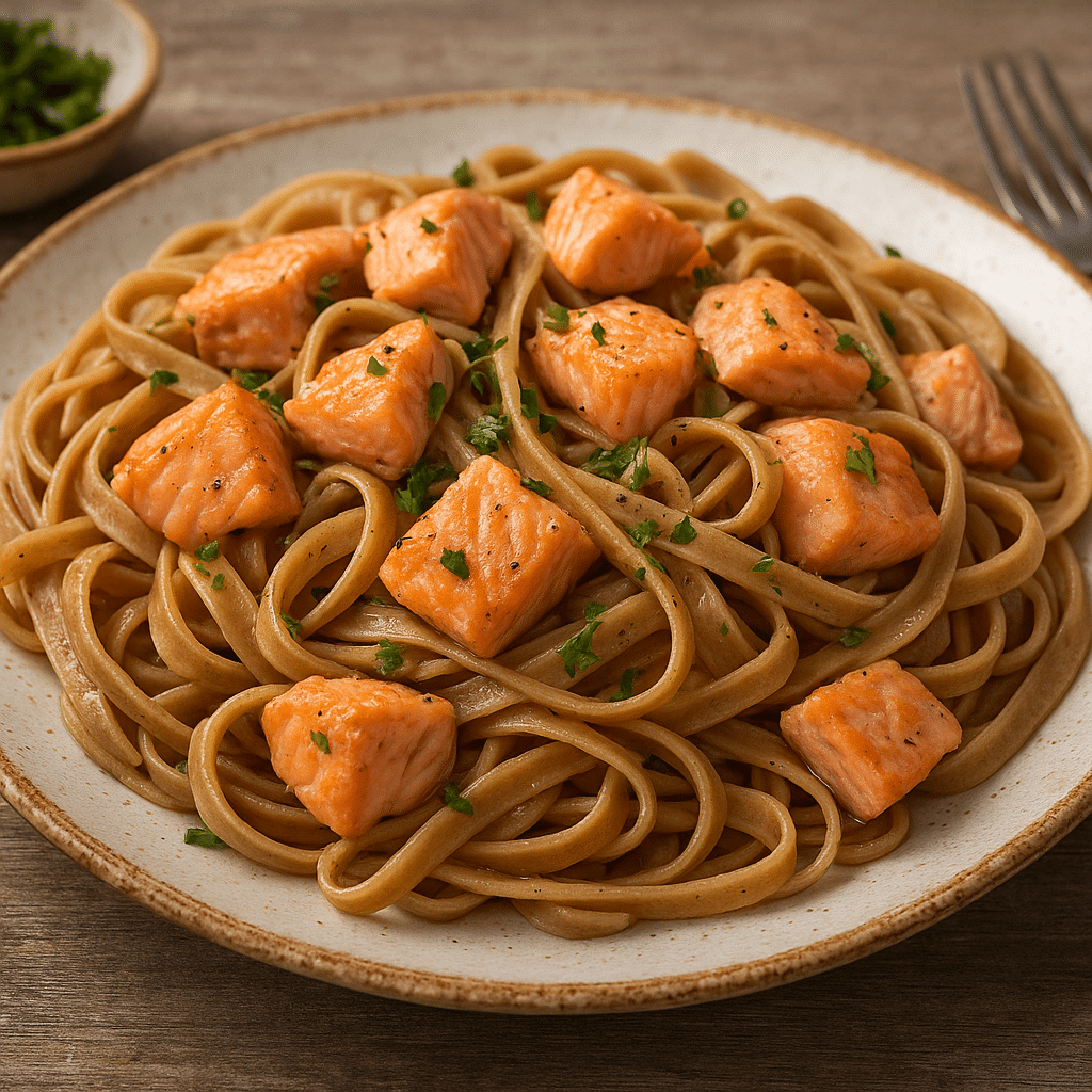 Makaron pełnoziarnisty z łososiem – kuchnia włoska